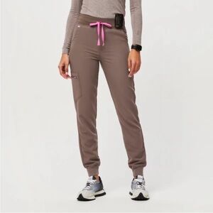 Figs Taupe Track Joggers with Pink Drawstring